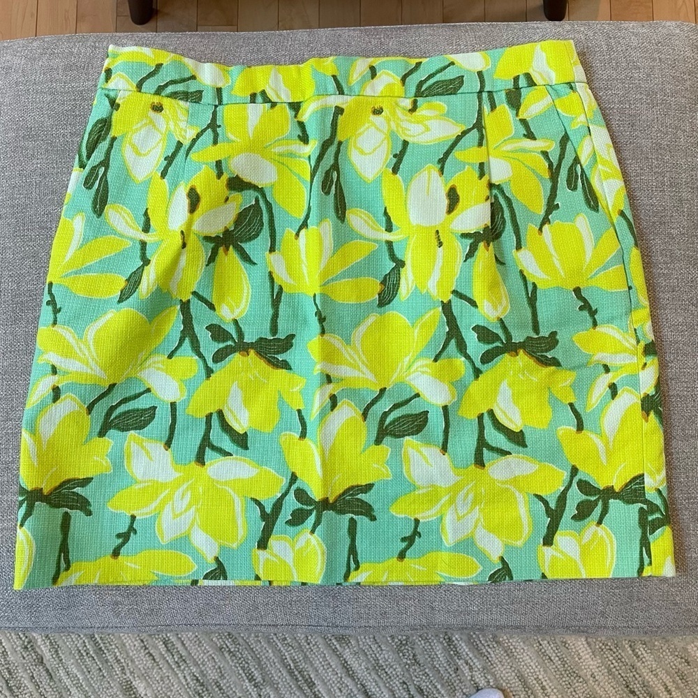 J Crew Basketweave Cotton Lined Bright Lemon Yellow Floral Mini Pockets Skirt